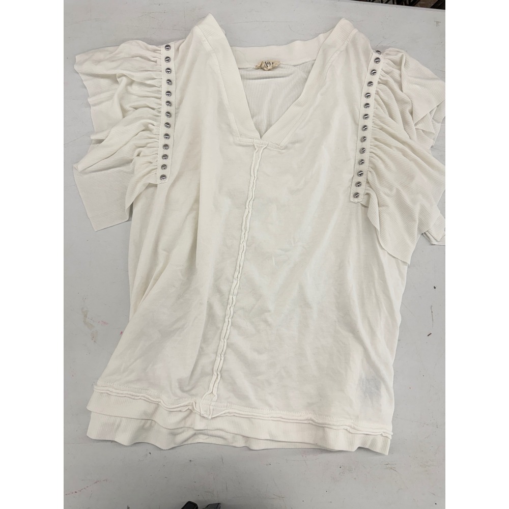 POL Clothing White Ruffle Studded V-Neck Ribbed Knit Top FKT199 Large